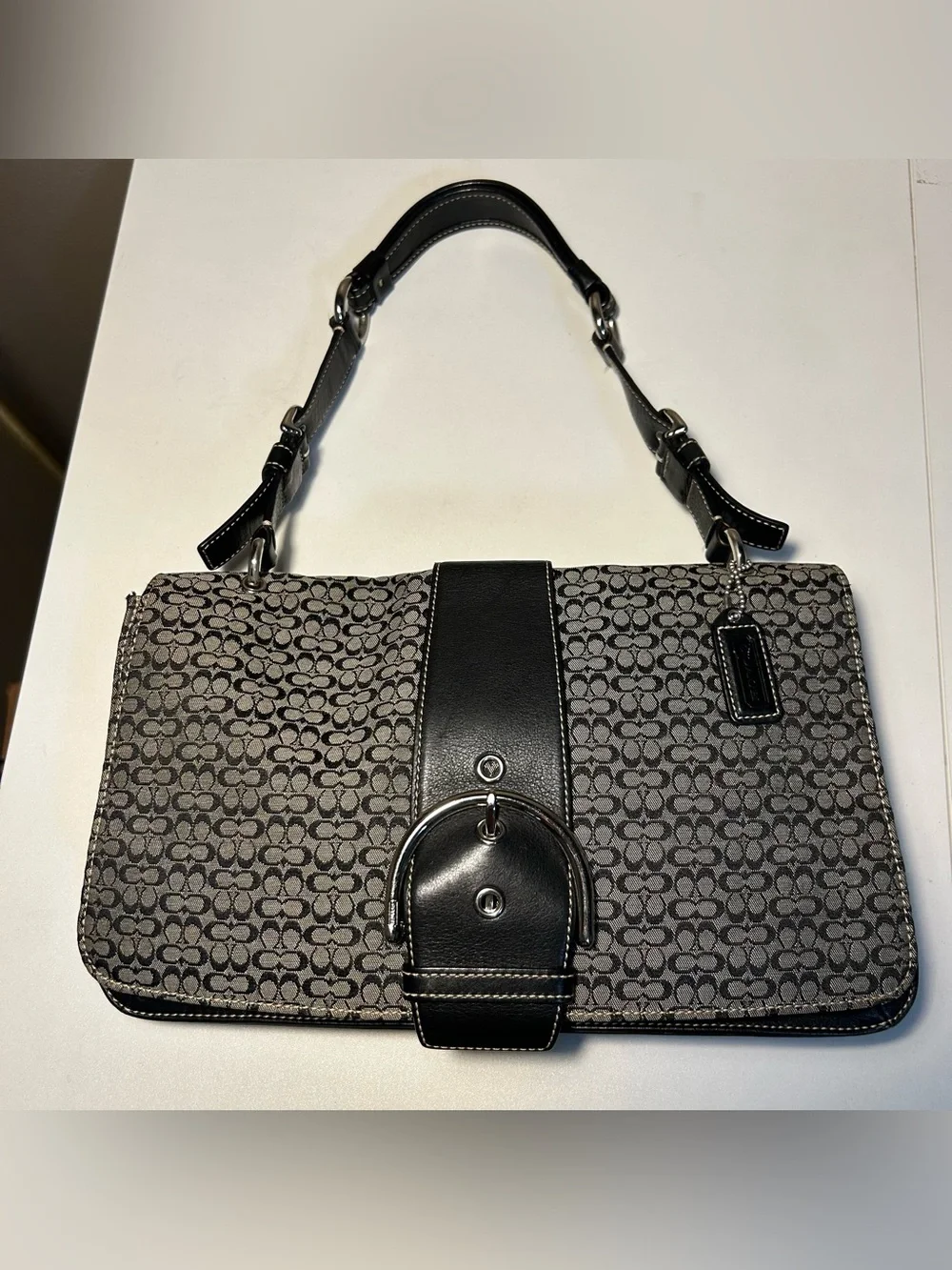 Vintage Coach Y2K Black Gray Signature Canvas Soho Shoulder Bag 7075 Buckle